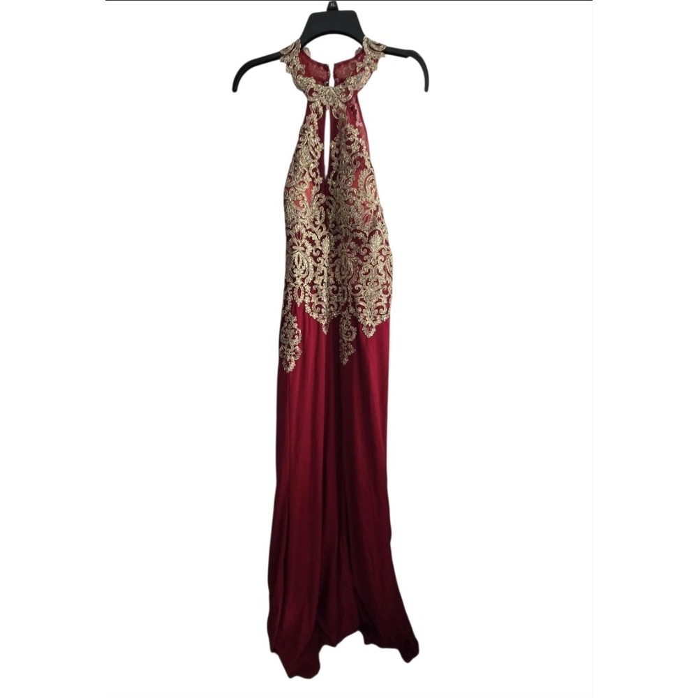 Erosebridal Red Formal Gown Gold Embroidered Halter Neck Dress NWT Size 16 XL